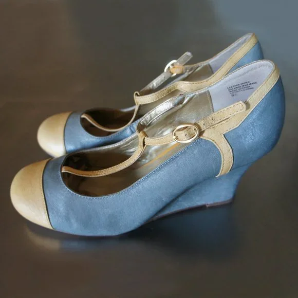 Anthropologie Seychelles Leather Grey Yellow T-Strap Mary Jane Shoes Wedges 9.5 - Picture 4 of 6
